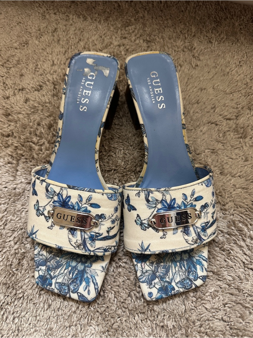 GUESS Cream & Blue Floral Slide Mules